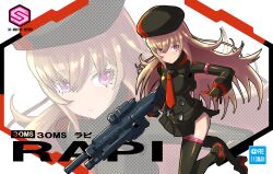 Rule 34 | 1girl, 30 minutes sisters, beret, black gloves, black headwear, black jacket, black thighhighs, box art, brand name imitation, closed mouth, fake box art, gloves, goddess of victory: nikke, hat, highres, holding, holding weapon, it man, jacket, light brown hair, long hair, looking at viewer, necktie, parody, pink eyes, rapi (nikke), red gloves, red necktie, solo, style parody, thighhighs, twitter username, two-tone gloves, weapon