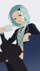Rule 34 | 1girl, absurdres, black jacket, black necktie, black thighhighs, blue eyes, blue hair, blue vest, chair, closed mouth, collared shirt, cup, forehead, grey background, hair ornament, hairpin, highres, hm mono, holding, holding cup, honkai (series), honkai impact 3rd, jacket, lieserl albert einstein, long sleeves, looking at viewer, necktie, shirt, short hair, simple background, sitting, smile, solo, thighhighs, tongue, tongue out, vest, white shirt