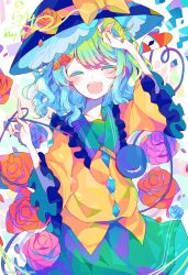 Rule 34 | 1girl, :d, ^ ^, absurdres, bad id, bad pixiv id, black hat, blunt bangs, blush, bow, buttons, closed eyes, commentary, cowboy shot, date pun, dated, floral background, flower, frilled shirt collar, frilled sleeves, frills, green hair, green skirt, hair flower, hair ornament, happy, hat, hat bow, heart, heart of string, highres, koishi day, komeiji koishi, medium hair, number pun, open mouth, red flower, red rose, rose, shirt, skirt, smile, solo, third eye, touhou, umemaro (siona0908), wavy hair, white background, yellow shirt