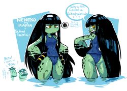 Rule 34 | 1girl, 2boys, angry, ass, black hair, blue one-piece swimsuit, breasts, character name, closed mouth, colored skin, contrapposto, flying sweatdrops, green skin, hands on own hips, highres, kappa, kawakichi (rariatto), long hair, monster girl, multiple boys, multiple views, neneko (rariatto), one-piece swimsuit, open mouth, original, rariatto (ganguri), ringed eyes, sanataro (rariatto), school swimsuit, sharp teeth, small breasts, solo focus, spoken squiggle, squiggle, swimsuit, teeth, translation request, very long hair, webbed hands