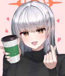 Rule 34 | 1girl, absurdres, black shirt, blue archive, blush, cup, finger heart, grey hair, halo, haruna (blue archive), heart, highres, holding, holding cup, kagi f, looking at viewer, pink background, shirt, simple background, smile, solo, upper body