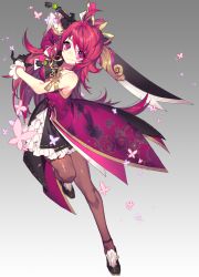 Rule 34 | 1girl, ahoge, armband, black footwear, black gloves, brown pantyhose, bug, butterfly, elesis (elsword), elsword, frilled skirt, frills, full body, gloves, gradient background, grey background, insect, long hair, pantyhose, pika (kai9464), red eyes, red hair, shoes, skirt, smile, solo, sword, weapon