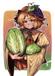 Rule 34 | 1girl, absurdres, aki minoriko, apron, black ribbon, blush, border, closed mouth, commentary request, cropped torso, dress, food, food on head, fruit, fruit on head, grapes, hat, highres, holding, holding food, holding vegetable, lettuce, long sleeves, looking at viewer, mob cap, neck ribbon, object on head, orange eyes, orange hair, outline, outside border, puffy sleeves, red apron, red hat, ribbon, short hair, solo, standing, temp (pixiv 60398327), touhou, upper body, vegetable, white border, white outline, wide sleeves, yellow dress