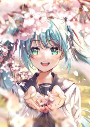 Rule 34 | 1girl, aqua eyes, aqua hair, cherry blossoms, cupping hands, hatsune miku, highres, kona (shuu cream), looking at viewer, open mouth, own hands together, school uniform, solo, spring (season), twintails, vocaloid