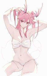 Rule 34 | 1girl, absurdres, arknights, armpits, arms up, artist name, bandeau, bare arms, bare shoulders, bikini, commentary request, hair between eyes, head wings, highres, long hair, looking at viewer, manticore (arknights), navel, nyansky, pink hair, red eyes, side-tie bikini bottom, signature, simple background, solo, stomach, strapless, strapless bikini, swimsuit, thighs, twintails, white background, white bikini, wings
