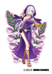 Rule 34 | 1girl, acanthus (flower knight girl), copyright name, dmm, dot nose, dress, floral background, flower knight girl, full body, highres, holding, hood, crossed legs, looking at viewer, official art, one eye closed, purple dress, purple hood, silver hair, standing, tagme, white background, yellow eyes