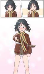 Rule 34 | 1girl, absurdres, averting eyes, bandaid, bandaid on face, black hair, blue eyes, blush, box, box of chocolates, brave witches, embarrassed, gift, hato ni olive teppou, highres, kanno naoe, multiple views, nervous, panties, scarf, short hair, underwear, valentine, white panties, world witches series