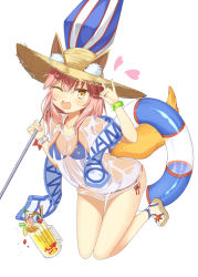 Rule 34 | 1girl, ;d, alcohol, animal ears, arm up, aroma0501, beach umbrella, beer, beer mug, bikini, blue bikini, blush, bracelet, breasts, cleavage, collarbone, commentary request, cup, ears through headwear, fang, fate/grand order, fate (series), fingernails, food, fox ears, fox girl, fox shadow puppet, fox tail, full body, hair between eyes, hat, heart, highres, holding, holding umbrella, ice cream, innertube, jewelry, large breasts, long hair, mug, one eye closed, open mouth, pink hair, pocky, sandals, see-through, shirt, short sleeves, side-tie bikini bottom, simple background, smile, solo, straw hat, swim ring, swimsuit, tail, tamamo (fate), tamamo no mae (fate/extra), tamamo no mae (swimsuit lancer) (fate), tamamo no mae (swimsuit lancer) (second ascension) (fate), toenails, transparent, umbrella, v-shaped eyebrows, wafer stick, wet, wet clothes, wet shirt, white background