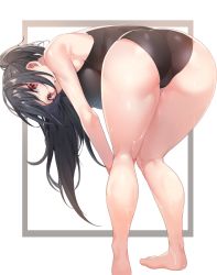 Rule 34 | 1girl, :o, ass, barefoot, bent over, black hair, black one-piece swimsuit, breasts, commentary, commission, from behind, k pring, kneepits, large breasts, legs, long hair, looking at viewer, looking back, one-piece swimsuit, original, parted lips, ponytail, red eyes, simple background, solo, swimsuit, thighs, wet, white background