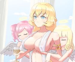 Rule 34 | 3girls, angel, angel wings, blonde hair, blue eyes, blush, breast hold, breasts, cleavage, closed eyes, closed mouth, collarbone, covered erect nipples, cup, drill hair, drinking glass, halo, highres, jashin-chan dropkick, large breasts, lchiyoshi, lierre, long hair, meme, multiple girls, no bra, pillar, pink hair, pino (jashin-chan dropkick), poporon (jashin-chan dropkick), resolution mismatch, short hair, sky, source smaller, wine glass, wings, yuri