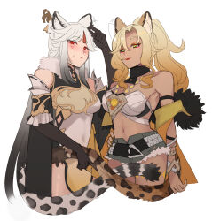 Rule 34 | 2girls, animal ears, arm strap, black gloves, blonde hair, covered navel, dark skin, genshin impact, gloves, highres, hinagi (fox priest), jaguar ears, jaguar tail, kemonomimi mode, long hair, looking at viewer, midriff, multiple girls, navel, ningguang (genshin impact), red eyes, simple background, stomach, tail, very long hair, white background, white hair, xilonen (genshin impact)