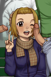 Rule 34 | 1girl, 2boys, blonde hair, blush, brown eyes, freckles, hairband, hand on another&#039;s head, highres, k-on!, multiple boys, one eye closed, open mouth, penis, ragathol, scarf, short hair, smile, tainaka ritsu, v, wink
