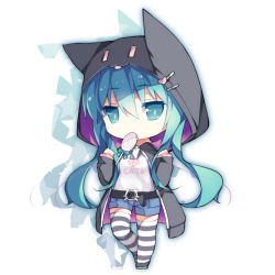 Rule 34 | 1girl, animal ears, animal hood, aqua eyes, aqua hair, belt, candy, casual, cat ears, cat hood, chibi, clothes writing, english text, food, full body, hair ornament, hairclip, hatsune miku, hood, hoodie, lollipop, long hair, mouth hold, open clothes, open hoodie, saru, shorts, socks, solo, striped clothes, striped socks, striped thighhighs, swirl lollipop, thighhighs, twintails, vocaloid