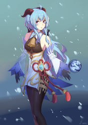 Rule 34 | 1girl, absurdres, ahoge, artist name, bell, black gloves, blue background, blue hair, bodysuit, bodysuit under clothes, breasts, brown bodysuit, closed mouth, cowbell, detached sleeves, ganyu (genshin impact), genshin impact, gloves, goat horns, gradient background, highres, horns, kasa (1136485976), long hair, looking at viewer, medium breasts, pink eyes, sleeveless, sleeveless bodysuit, solo, standing