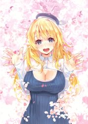 Rule 34 | 1girl, :d, absurdres, atago (kancolle), beret, blonde hair, blue eyes, blue hat, blush, breasts, buttons, cherry blossoms, cleavage, cleavage cutout, clothing cutout, collared shirt, hands up, hat, head tilt, highres, kantai collection, lace, lace-trimmed sleeves, lace trim, large breasts, long hair, long sleeves, looking at viewer, open hand, open mouth, petals, ribbed sweater, round teeth, scan, shirt, simple background, smile, solo, striped, sweater, teeth, upper body, vertical stripes, very long hair, white shirt, yahako