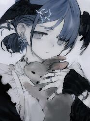 Rule 34 | 1girl, 4your4ngel, animal, animal hug, apron, black nails, blue hair, copyright request, expressionless, gothic lolita, grey eyes, hair bun, hair ornament, half-closed eyes, head wings, heart, heart hair ornament, highres, holding, holding animal, jewelry, light frown, lolita fashion, necklace, pale skin, pearl necklace, portrait, rabbit, ring, solo, wings