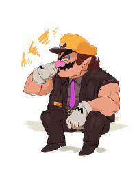 Rule 34 | 1boy, alternate costume, arm on knee, belt, big nose, black footwear, black pants, black vest, brown belt, brown hair, buttons, cabbie hat, clenched hands, closed mouth, collared shirt, collared vest, commentary, cutie-png, denim, english commentary, facial hair, frown, gloves, grey shirt, half-closed eyes, hand on own face, hat, highres, jeans, letter, looking to the side, mario (series), muscular, muscular male, mustache, necktie, nintendo, pants, pointy ears, purple necktie, shirt, shoes, short hair, short sleeves, sitting, squiggle, v-shaped eyebrows, vest, wario, warioware, white gloves, yellow headwear