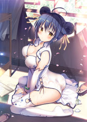 Rule 34 | 1girl, ahoge, ass, bad id, bad nicoseiga id, bangle, black panties, blue hair, blush, bracelet, breasts, cherry blossoms, china dress, chinese clothes, cleavage, cover, cover page, cup, detached sleeves, double bun, dress, hair between eyes, hair bun, hair ribbon, highres, indoors, japanese clothes, jewelry, large breasts, no shoes, original, panties, ribbon, see-through, shoes, unworn shoes, side-tie panties, sitting, solo, sousouman, thighhighs, underwear, wariza, wet, white thighhighs, window, yellow eyes