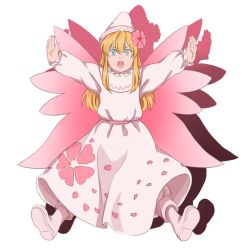 Rule 34 | 1girl, blonde hair, blue eyes, dress, facing viewer, fairy wings, floral print, flower, hair flower, hair ornament, hat, lily white, mefomefo, outstretched arms, petals, pink flower, pink footwear, shoes, solo, touhou, white dress, white hat, wings
