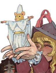 Rule 34 | 2girls, animal, animal ears, armor, black hair, blonde hair, closed mouth, clothed animal, conquistador, hat, helmet, highres, holding, long hair, long sleeves, meme, mitre, mossacannibalis, mouse (animal), mouse ears, mouse tail, multiple girls, original, pope, simple background, smile, spain, standing, tail, white background