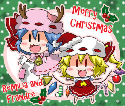 Rule 34 | 0 0, 2girls, antlers, ascot, bad id, bad pixiv id, bell, blonde hair, blue hair, candy, candy cane, character name, christmas ornaments, flandre scarlet, food, hat, holly, horns, merry christmas, mistletoe, mob cap, multiple girls, noai nioshi, patch, red eyes, reindeer antlers, remilia scarlet, sack, santa hat, siblings, side ponytail, sisters, snowflakes, touhou, wings