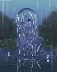 Rule 34 | 1girl, blue eyes, blue hair, blue sclera, blue skin, closed mouth, colored sclera, colored skin, completely nude, curss, eyes visible through hair, head tilt, highres, leaning forward, long hair, looking at viewer, monster girl, nude, original, puddle, rain, see-through body, slime girl, solo, transparent