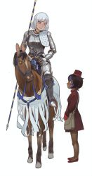 Rule 34 | 2girls, absurdres, armor, armored boots, bag, blue eyes, boots, breastplate, brown dress, brown headwear, dress, gauntlets, grey hair, hat, highres, horse, horseback riding, knight, looking down, medium hair, mossacannibalis, multiple girls, original, red footwear, riding, shoes, shoulder bag, simple background, smile, stirrups (riding), white background