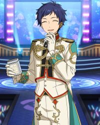 Rule 34 | 1boy, blue hair, buttons, can, closed eyes, cowboy shot, dark blue hair, ensemble stars!, facing viewer, fushimi yuzuru, gloves, hand up, happy elements, headset, holding, holding can, long sleeves, male focus, mole, mole under eye, official art, open mouth, short bangs, short hair, solo, third-party source
