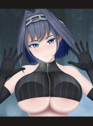 Rule 34 | 1girl, absurdres, against fourth wall, against glass, bare shoulders, blue eyes, blue hair, blush, breast press, breasts, chain, crop top, earrings, elbow gloves, gloves, heavy breathing, highres, hololive, hololive english, jewelry, large breasts, lip biting, looking at viewer, naughty face, ouro kronii, seductive smile, short hair, sleeveless, smile, solo, underboob, virtual youtuber, zask, zipper
