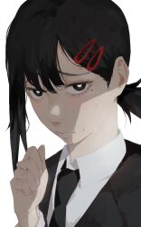 1girl absurdres black_hair black_jacket black_necktie chainsaw_man collared_shirt formal_clothes hair_ornament hairclip higashiyama_kobeni highres jacket looking_at_viewer mole mole_on_cheek mole_under_eye mole_under_mouth multiple_moles necktie niri_(eunhaha02) shirt short_hair short_ponytail single_sidelock solo suit suit_jacket white_shirt