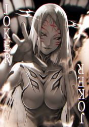 Rule 34 | 1girl, alternate costume, alternate hair length, alternate hairstyle, black sclera, breasts, closed mouth, collarbone, colored sclera, cross, english text, facial mark, hand up, highres, kamishiro rize, large breasts, long hair, solo, spoilers, teeth, tokyo ghoul, tokyo ghoul:re, yoshio (55level)