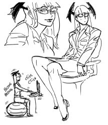 Rule 34 | 1girl, bad id, ball, bb (baalbuddy), bespectacled, bouncing, capcom, chair, exercise ball, formal, glasses, greyscale, head wings, high heels, inactive account, keyboard (computer), monitor, monochrome, morrigan aensland, multiple views, office chair, office lady, one eye closed, pencil skirt, sitting, sketch, skirt, skirt suit, suit, swivel chair, vampire (game), wings, wink