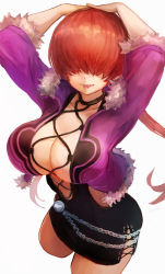 Rule 34 | 1girl, absurdres, boots, breasts, cleavage, cleavage cutout, clothing cutout, cropped jacket, dress, earrings, hair over eyes, hatano kiyoshi, highres, jewelry, large breasts, leotard, lips, lipstick, long hair, looking at viewer, makeup, miniskirt, ponytail, red hair, shermie (kof), skirt, smile, snk, solo, the king of fighters, the king of fighters xv, twintails