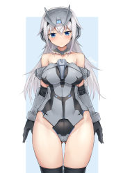 Rule 34 | 1girl, absurdres, aomoro, architect (frame arms girl), armored gloves, armored leotard, arms at sides, artist name, bare shoulders, black thighhighs, blue eyes, blush, bodysuit, breasts, closed mouth, collarbone, commentary, detached collar, elbow gloves, frame arms girl, frown, gloves, grey background, headgear, highres, large breasts, leotard, long hair, looking at viewer, miniskirt, no pants, simple background, skirt, solo, strapless, strapless leotard, thighhighs, thighs, white background, white hair