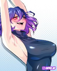 Rule 34 | 1girl, armpits, blush, breasts, demon girl, fangs, highres, kinsou no vermeil, large breasts, purple hair, red eyes, sideboob, vermeil (kinsou no vermeil)