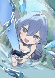 Rule 34 | 1girl, :d, absurdres, ahoge, blue dress, blue eyes, blue hair, dress, highres, holding, holding sword, holding weapon, honkai (series), honkai impact 3rd, long hair, looking at viewer, open mouth, roena, smile, solo, sword, water&#039;s edge, weapon