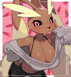 Rule 34 | 1girl, absurdres, animal ears, black sclera, breasts, cleavage, colored sclera, commentary request, creatures (company), dark skin, drunkoak, furry, furry female, game freak, gen 4 pokemon, grey sweater, highres, korean commentary, large breasts, looking at viewer, lopunny, nintendo, open mouth, pink eyes, pokemon, pokemon (creature), rabbit ears, rabbit girl, solo, sweater