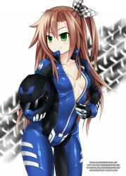 Rule 34 | 1girl, alternate costume, artist name, asymmetrical hair, biker clothes, bikesuit, blush, bodysuit, bow, breasts, brown hair, choujigen game neptune, closed mouth, collarbone, commentary, english commentary, gloves, green eyes, hair between eyes, hair bow, hair ornament, hair ribbon, helmet, highres, holding, holding helmet, if (neptunia), long hair, long sleeves, looking to the side, motorcycle helmet, neptune (series), no bra, no panties, open bodysuit, open clothes, patreon username, ponytail, racing suit, ribbon, sereneandsilent, side ponytail, small breasts, smile, solo, sweat, tumblr username, very long hair, watermark, web address