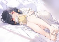 Rule 34 | 1girl, barefoot, bed sheet, black hair, commentary request, dress, frilled dress, frilled pillow, frills, full body, grin, hayashi kewi, holding, idolmaster, idolmaster shiny colors, knees up, looking at viewer, low twintails, lying, morino rinze, on side, pillow, puffy short sleeves, puffy sleeves, red eyes, short sleeves, short twintails, smile, soles, solo, twintails, white dress