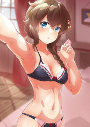 Rule 34 | 1girl, :o, ahoge, armpits, arthur ko, bed, bed sheet, black bra, black panties, blue eyes, blush, bra, braid, braided ponytail, breasts, brown hair, clothes lift, cloud, commentary, commentary request, condom, condom wrapper, cowboy shot, curtains, english commentary, eyebrows, hair flaps, hair ornament, hand up, head tilt, highres, holding, holding condom, indoors, kantai collection, lifted by self, looking at viewer, medium breasts, medium hair, mixed-language commentary, navel, open mouth, paid reward available, panties, pillow, portrait (object), selfie, shigure (kancolle), side ponytail, sky, solo, stomach, sunlight, underwear, underwear only, window