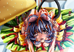 Rule 34 | 1girl, animal ears, bad id, bad pixiv id, blush, breasts, burger, female focus, food, grey hair, in food, kazuna, mini person, minigirl, mouse ears, mouse tail, nazrin, nude, red eyes, short hair, solo, tail, touhou, translation request