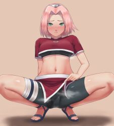 Rule 34 | 1girl, absurdres, arm behind back, ass, bad id, bad pixiv id, bike shorts, black shorts, blouse, blush, breasts, brown background, cameltoe, clothes lift, commentary request, forehead protector, frown, full body, green eyes, haruno sakura, high collar, highres, lifting own clothes, looking at viewer, mil k vanilla, miniskirt, naruto, naruto (series), navel, nose blush, parted bangs, pink hair, red shirt, red skirt, seductress, shirt, short hair, short sleeves, shorts, simple background, skirt, skirt lift, solo, sports bra, spread legs, squatting, steam, stomach, taut clothes, taut shirt, thigh strap, tiptoes, underboob