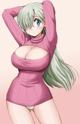 Rule 34 | 1girl, animated, animated gif, blue eyes, bouncing breasts, breasts, breasts out, elizabeth liones, female focus, harukigenia, large breasts, long hair, nanatsu no taizai, nipples, panties, silver hair, solo, sweater, underwear