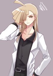 Rule 34 | 1boy, aged up, ahoge, belt, black belt, black shirt, blonde hair, buttons, coat, collarbone, collared shirt, commentary request, creatures (company), earrings, game freak, gladion (pokemon), green eyes, grey background, hair over one eye, hand up, jewelry, lab coat, long hair, male focus, nintendo, open clothes, open coat, pants, pokemon, pokemon sm, shirt, simple background, solo, squiggle, ssn (sasa8u9r), sweatdrop
