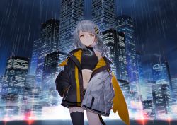 Rule 34 | 1girl, bandaid, bandaid on face, bandaid on nose, bare shoulders, black shirt, black shorts, black thighhighs, building, city, city lights, cityscape, cowboy shot, crop top, grey hair, hachi (live union), hair ornament, hand in pocket, highres, honeycomb (pattern), izumi sai, jacket, live union, long hair, long sleeves, looking at viewer, midriff, mole, mole under eye, multicolored clothes, multicolored jacket, navel, night, off shoulder, open clothes, open jacket, orange eyes, outdoors, parted lips, puffy sleeves, rain, shirt, short shorts, shorts, single thighhigh, skyscraper, sleeveless, sleeveless shirt, solo, standing, stomach, tattoo, thighhighs, thighs, two-tone jacket, virtual youtuber