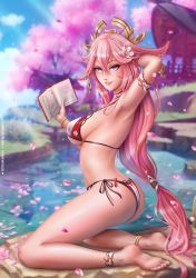 Rule 34 | 1girl, absurdres, animal ears, anklet, aramey, ass, bare shoulders, barefoot, bikini, blush, book, breasts, cherry blossoms, fox ears, genshin impact, hair ornament, highres, jewelry, kneeling, long hair, looking at viewer, medium breasts, pink hair, purple eyes, shiny skin, sideboob, smile, solo, swimsuit, very long hair, yae miko
