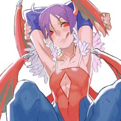Rule 34 | 1girl, abs, ahoge, armpits, arms up, breasts, cleavage, cleavage cutout, clothing cutout, collarbone, covered navel, demon girl, demon wings, hair between eyes, head wings, leotard, lilith aensland, muscular, muscular female, pantyhose, purple hair, red eyes, short hair, simple background, solo, tongue, tongue out, vampire (game), white background, wings, yuuki (irodo rhythm)