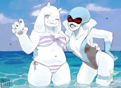 Rule 34 | 2girls, beach, belly, bikini, blue lips, breasts, claws, cocktail glass, cup, deltarune, drinking glass, fangs, front-tie bikini top, front-tie top, furry, furry female, goat girl, goat horns, hand on hip, highres, holosericah, horns, leaning forward, leotard, medium breasts, multiple girls, navel, ocean, partially submerged, plump, queen (deltarune), smile, stomach, striped, striped bikini, swimsuit, toriel, undertale, water