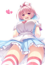 Rule 34 | 1girl, apron, blue hair, breasts, commentary request, fang, hair between eyes, hat, heart, highres, idolmaster, idolmaster cinderella girls, large breasts, looking at viewer, multicolored hair, naoki (endofcentury102), nurse cap, open mouth, pink eyes, pink hair, short hair, simple background, solo, striped clothes, striped thighhighs, thighhighs, thighs, two-tone hair, wavy mouth, white apron, white background, white hat, wrist cuffs, yumemi riamu