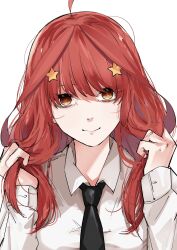 Rule 34 | 1girl, ahoge, alternate hairstyle, black necktie, buttoned cuffs, buttons, chainsaw man, closed mouth, collared shirt, commentary, dress shirt, go-toubun no hanayome, hair between eyes, hair focus, hair ornament, hand in own hair, hands in hair, hands up, highres, holding, holding own hair, long sleeves, looking at viewer, makima (chainsaw man), mame1645, nakano itsuki, necktie, red hair, ringed eyes, shirt, simple background, smile, solo, star (symbol), star hair ornament, straight-on, symbol-only commentary, upper body, white background, white shirt